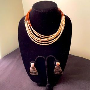 Chico’s Leather and Gold Link Necklace w Earrings
